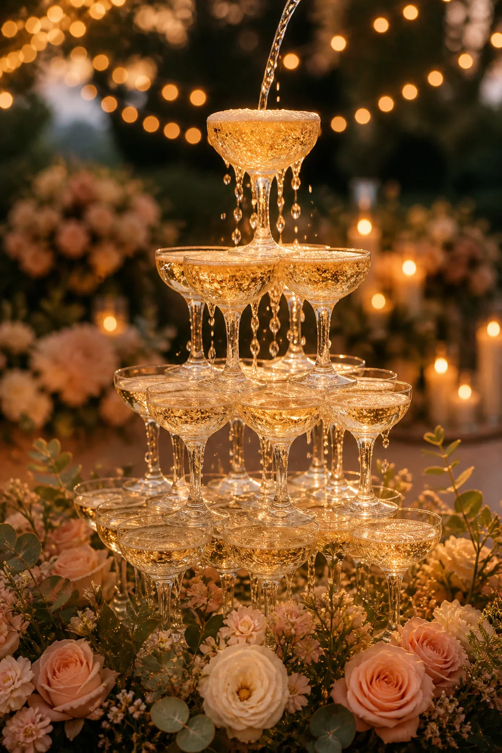 Golden champagne tower beside the celebration photo area
