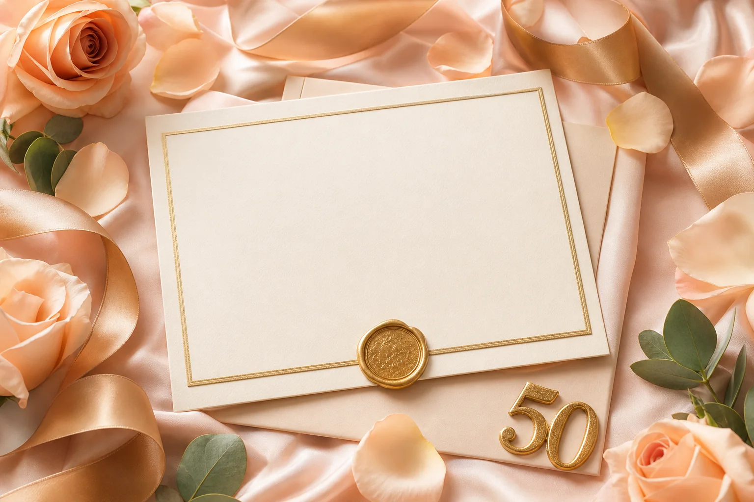A keepsake card surrounded by roses and gold ribbon