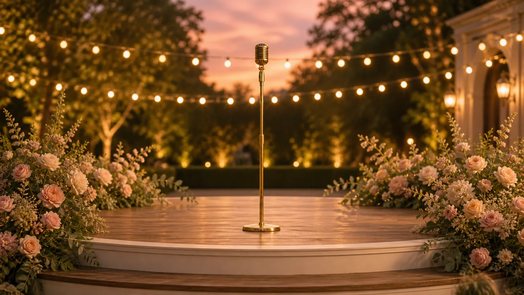 A dramatic celebration stage lit for an evening program